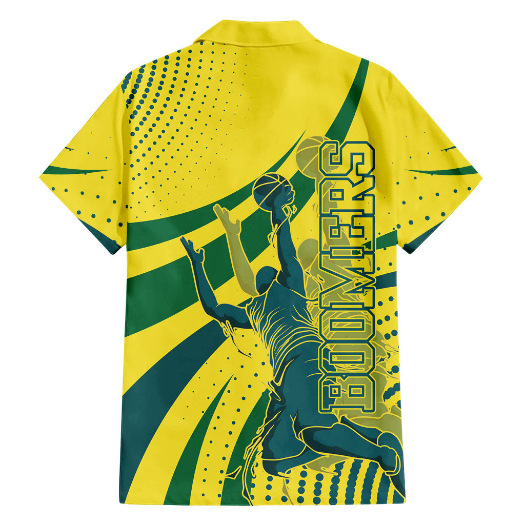 Australian Boomers Basketball Hawaiian Shirt Abstract Wave Halftone Pattern With Dynamic Athlete Silhouette