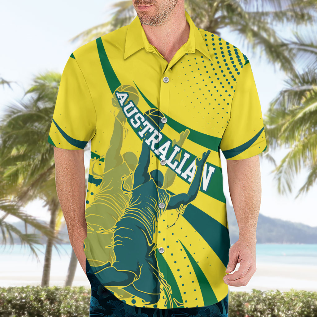 Australian Boomers Basketball Hawaiian Shirt Abstract Wave Halftone Pattern With Dynamic Athlete Silhouette