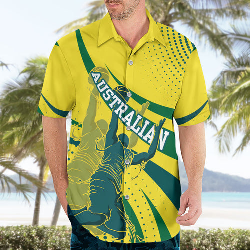 Australian Boomers Basketball Hawaiian Shirt Abstract Wave Halftone Pattern With Dynamic Athlete Silhouette