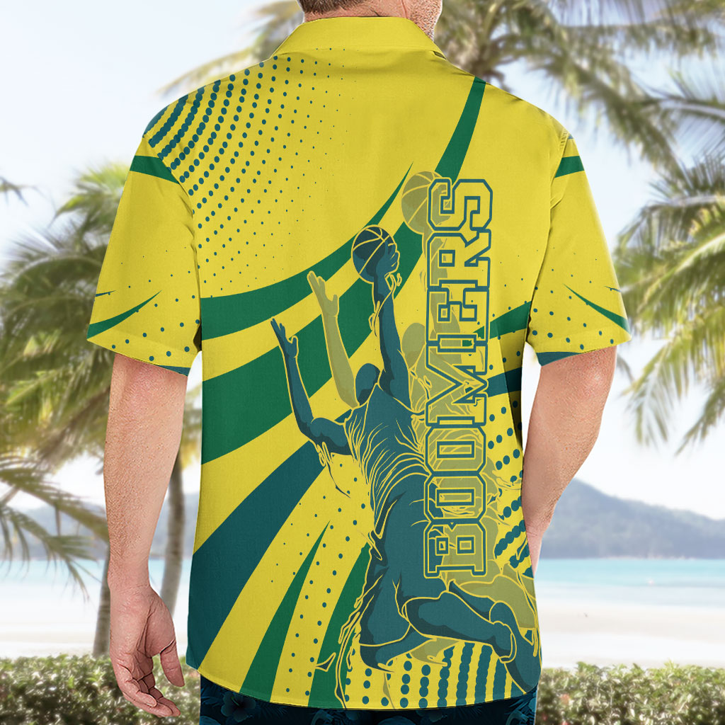 Australian Boomers Basketball Hawaiian Shirt Abstract Wave Halftone Pattern With Dynamic Athlete Silhouette