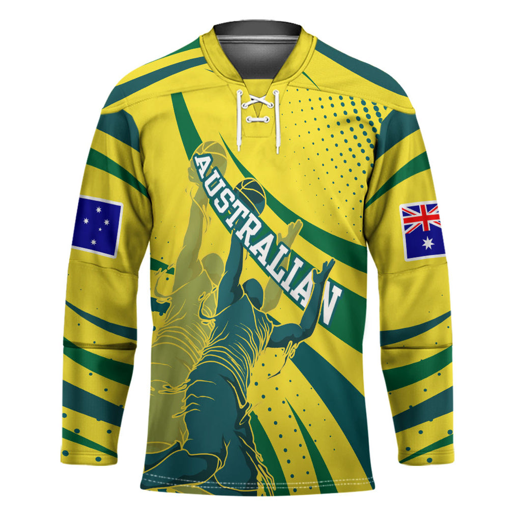 Australian Boomers Basketball Hockey Jersey Abstract Wave Halftone Pattern With Dynamic Athlete Silhouette
