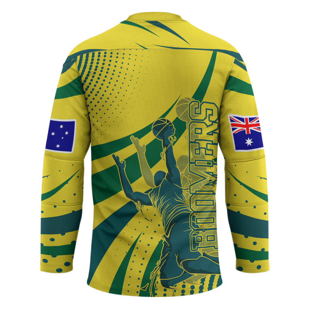 Australian Boomers Basketball Hockey Jersey Abstract Wave Halftone Pattern With Dynamic Athlete Silhouette