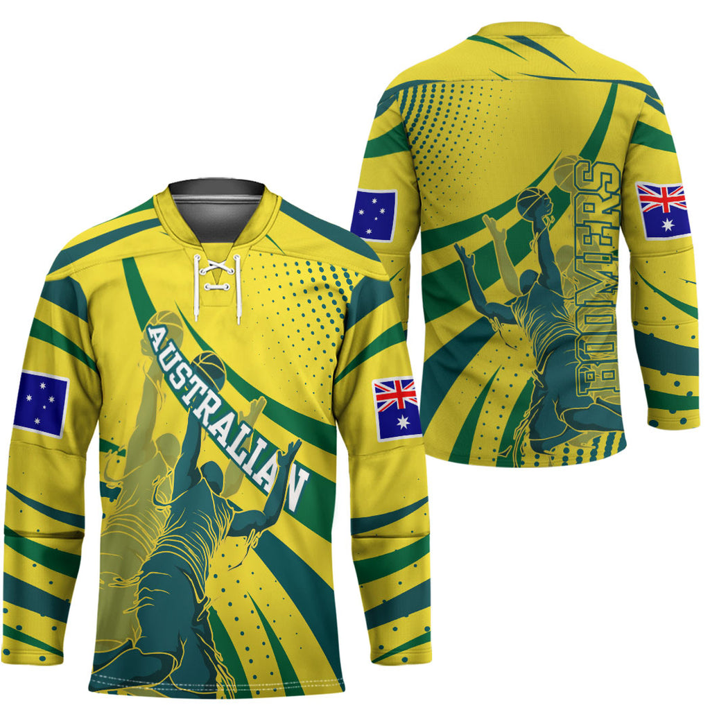 Australian Boomers Basketball Hockey Jersey Abstract Wave Halftone Pattern With Dynamic Athlete Silhouette