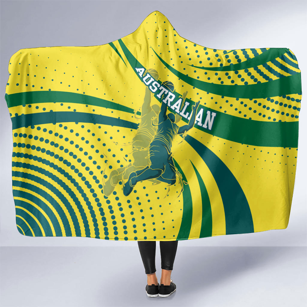 Australian Boomers Basketball Hooded Blanket Abstract Wave Halftone Pattern With Dynamic Athlete Silhouette