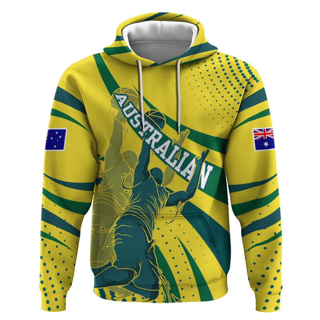 Australian Boomers Basketball Hoodie Abstract Wave Halftone Pattern With Dynamic Athlete Silhouette