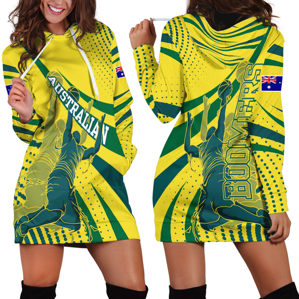 Australian Boomers Basketball Hoodie Dress Abstract Wave Halftone Pattern With Dynamic Athlete Silhouette