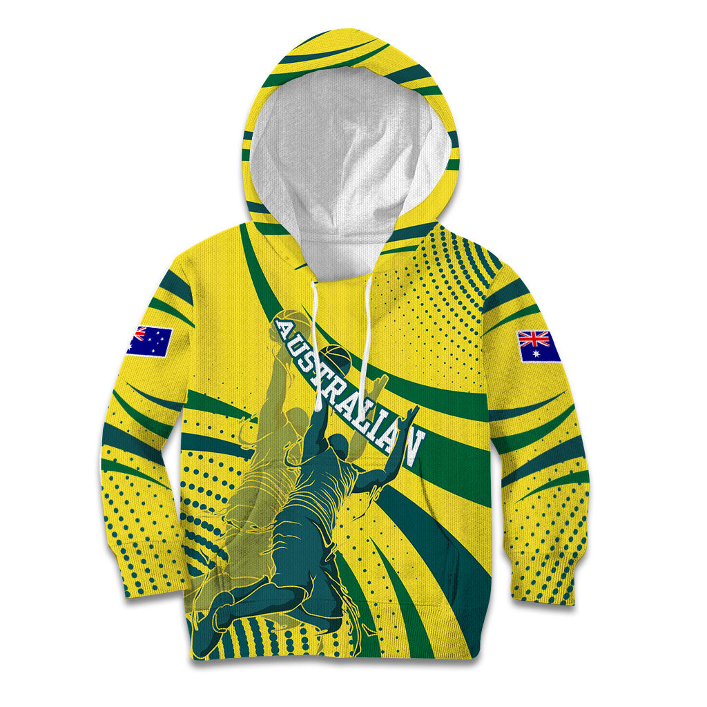 Australian Boomers Basketball Kid Hoodie Abstract Wave Halftone Pattern With Dynamic Athlete Silhouette