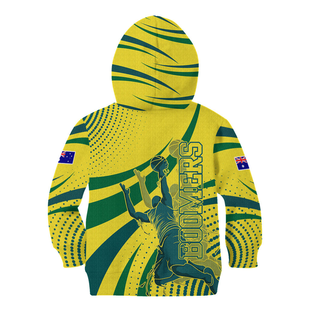 Australian Boomers Basketball Kid Hoodie Abstract Wave Halftone Pattern With Dynamic Athlete Silhouette