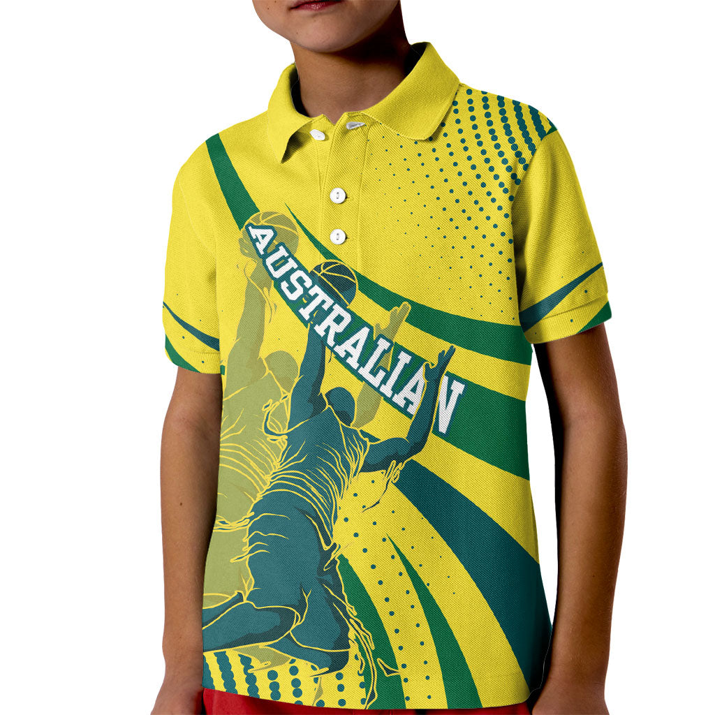 Australian Boomers Basketball Kid Polo Shirt Abstract Wave Halftone Pattern With Dynamic Athlete Silhouette