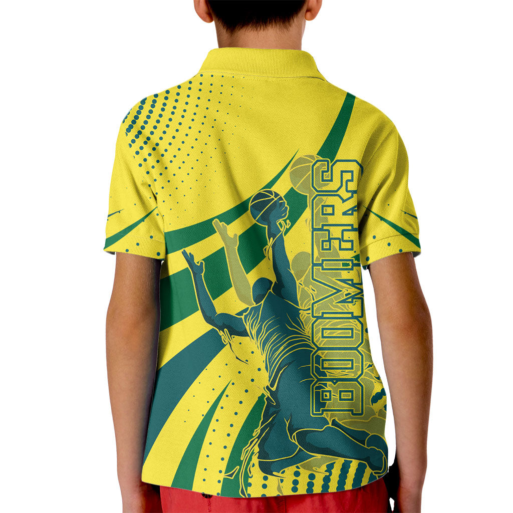 Australian Boomers Basketball Kid Polo Shirt Abstract Wave Halftone Pattern With Dynamic Athlete Silhouette