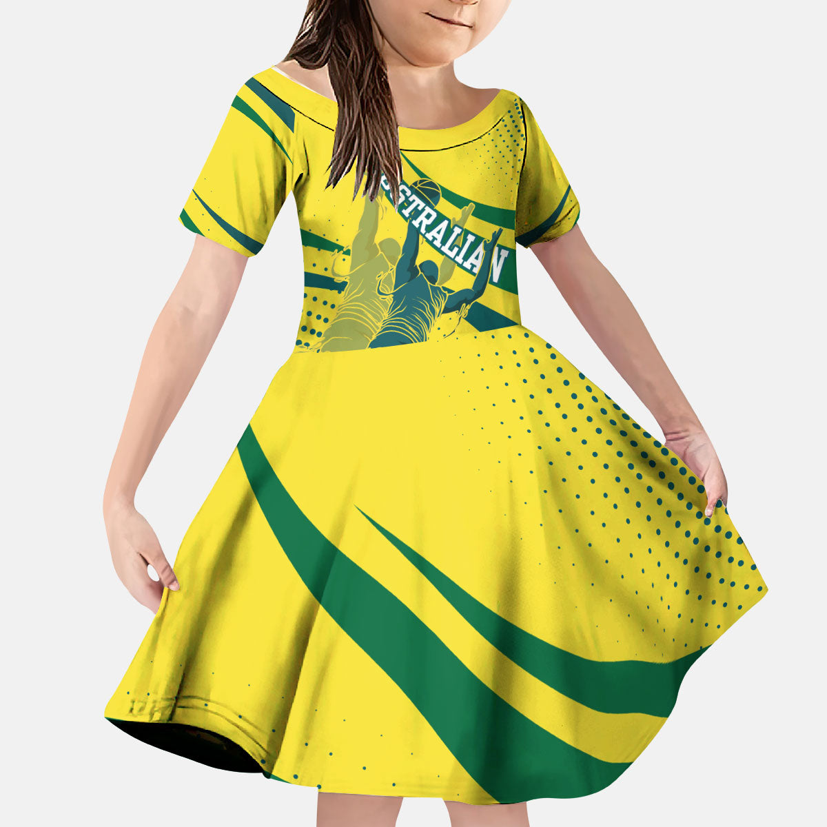 Australian Boomers Basketball Kid Short Sleeve Dress Abstract Wave Halftone Pattern With Dynamic Athlete Silhouette