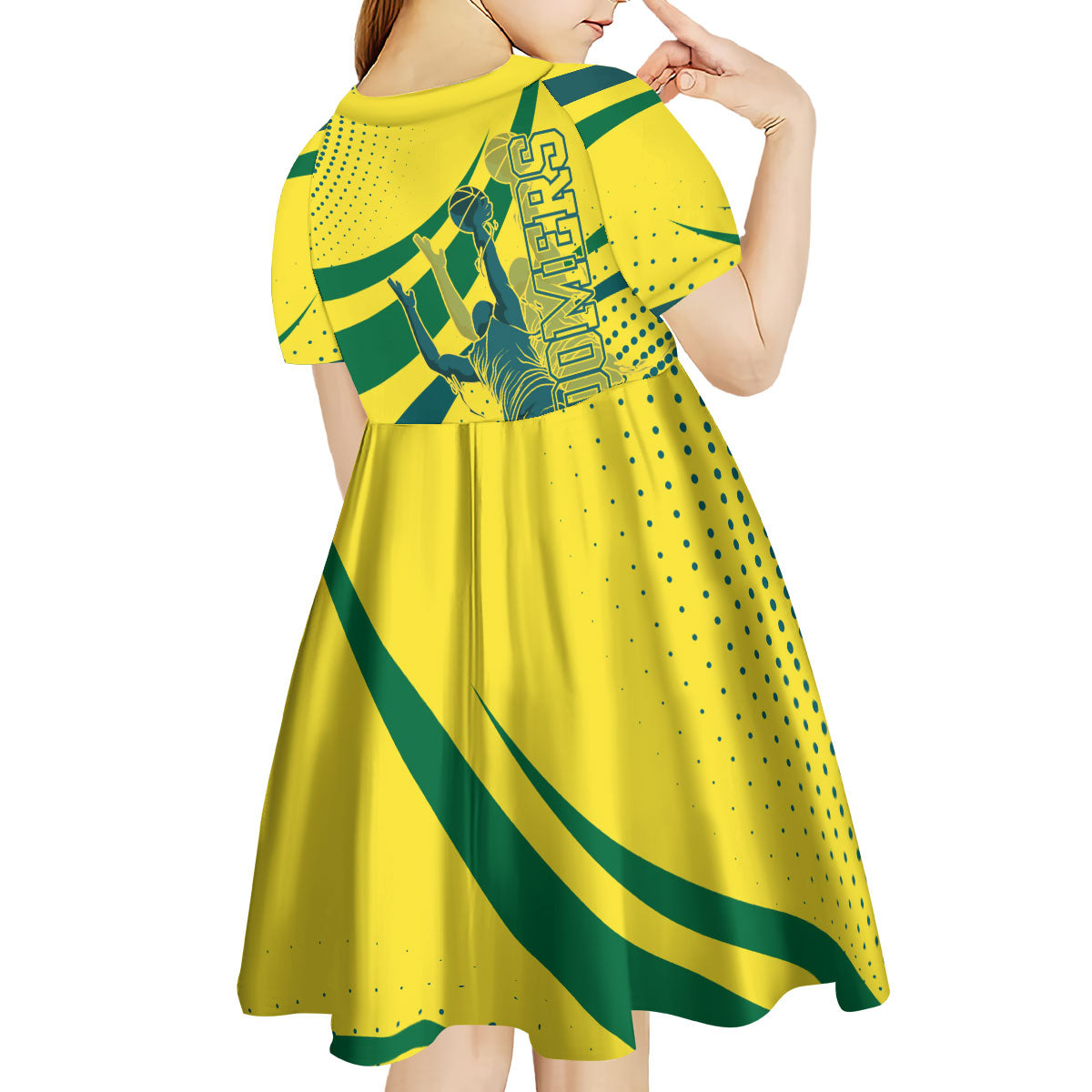Australian Boomers Basketball Kid Short Sleeve Dress Abstract Wave Halftone Pattern With Dynamic Athlete Silhouette