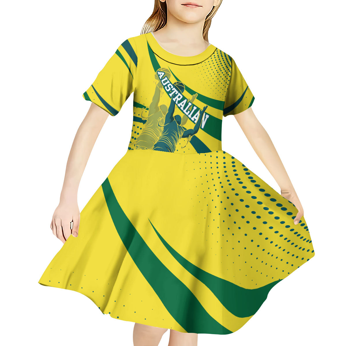Australian Boomers Basketball Kid Short Sleeve Dress Abstract Wave Halftone Pattern With Dynamic Athlete Silhouette