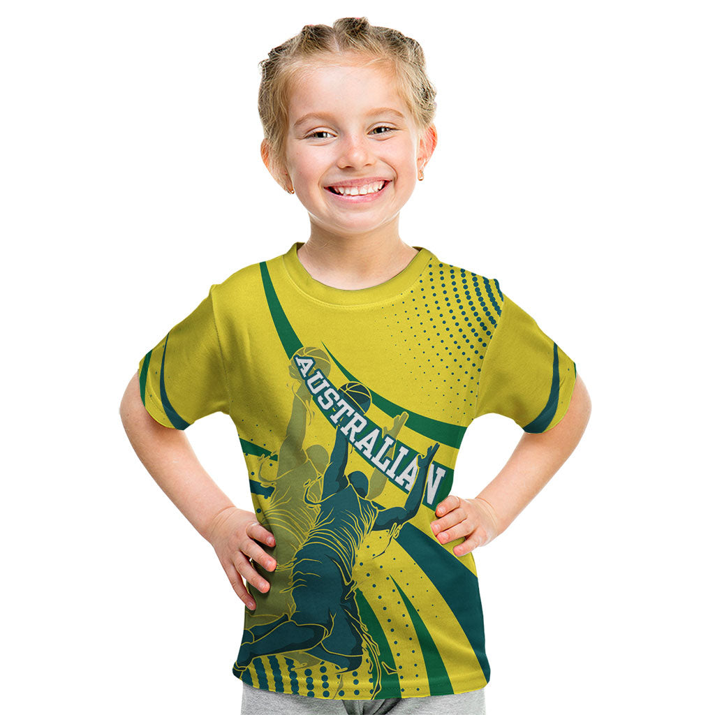 Australian Boomers Basketball Kid T Shirt Abstract Wave Halftone Pattern With Dynamic Athlete Silhouette