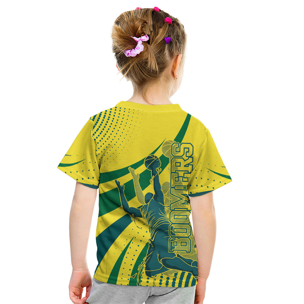 Australian Boomers Basketball Kid T Shirt Abstract Wave Halftone Pattern With Dynamic Athlete Silhouette