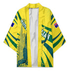 Australian Boomers Basketball Kimono Abstract Wave Halftone Pattern With Dynamic Athlete Silhouette