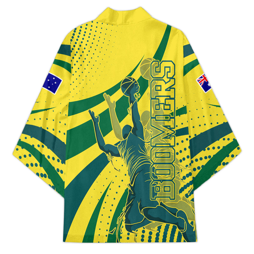 Australian Boomers Basketball Kimono Abstract Wave Halftone Pattern With Dynamic Athlete Silhouette