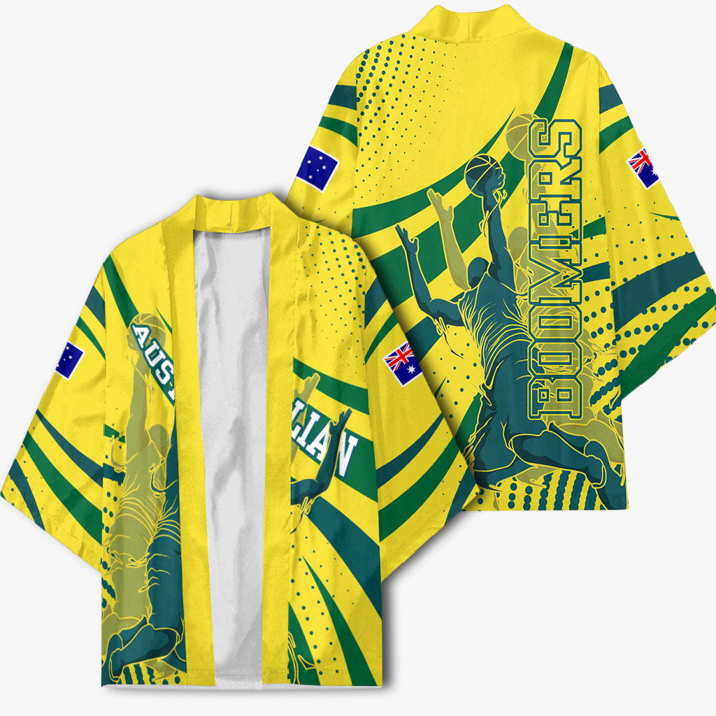 Australian Boomers Basketball Kimono Abstract Wave Halftone Pattern With Dynamic Athlete Silhouette