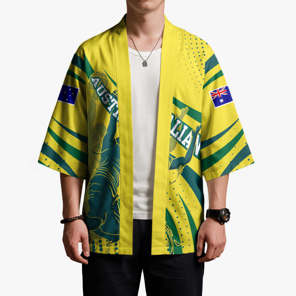 Australian Boomers Basketball Kimono Abstract Wave Halftone Pattern With Dynamic Athlete Silhouette