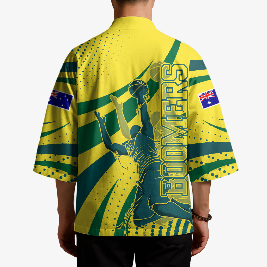 Australian Boomers Basketball Kimono Abstract Wave Halftone Pattern With Dynamic Athlete Silhouette