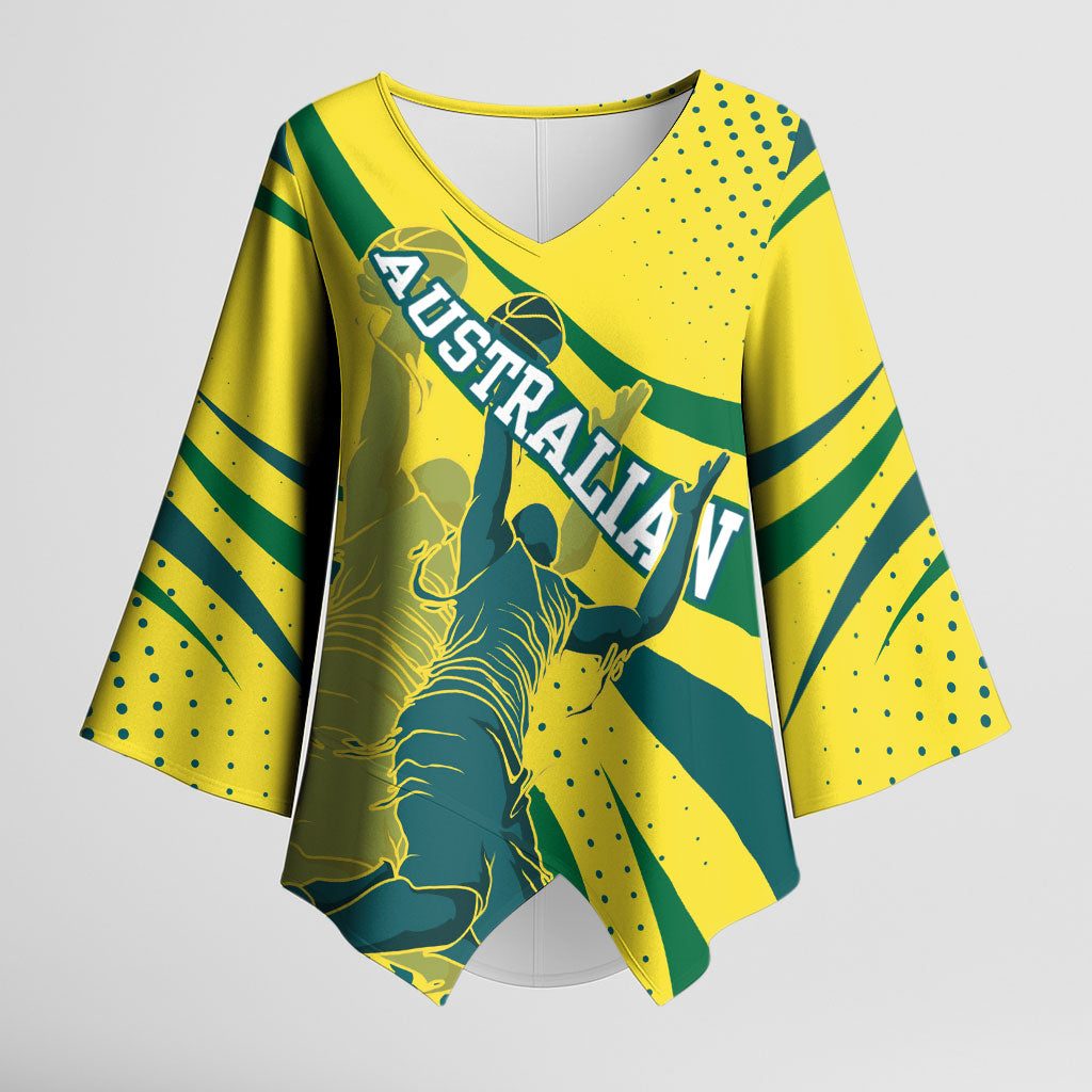 Australian Boomers Basketball Kimono Sleeve Blouse Abstract Wave Halftone Pattern With Dynamic Athlete Silhouette