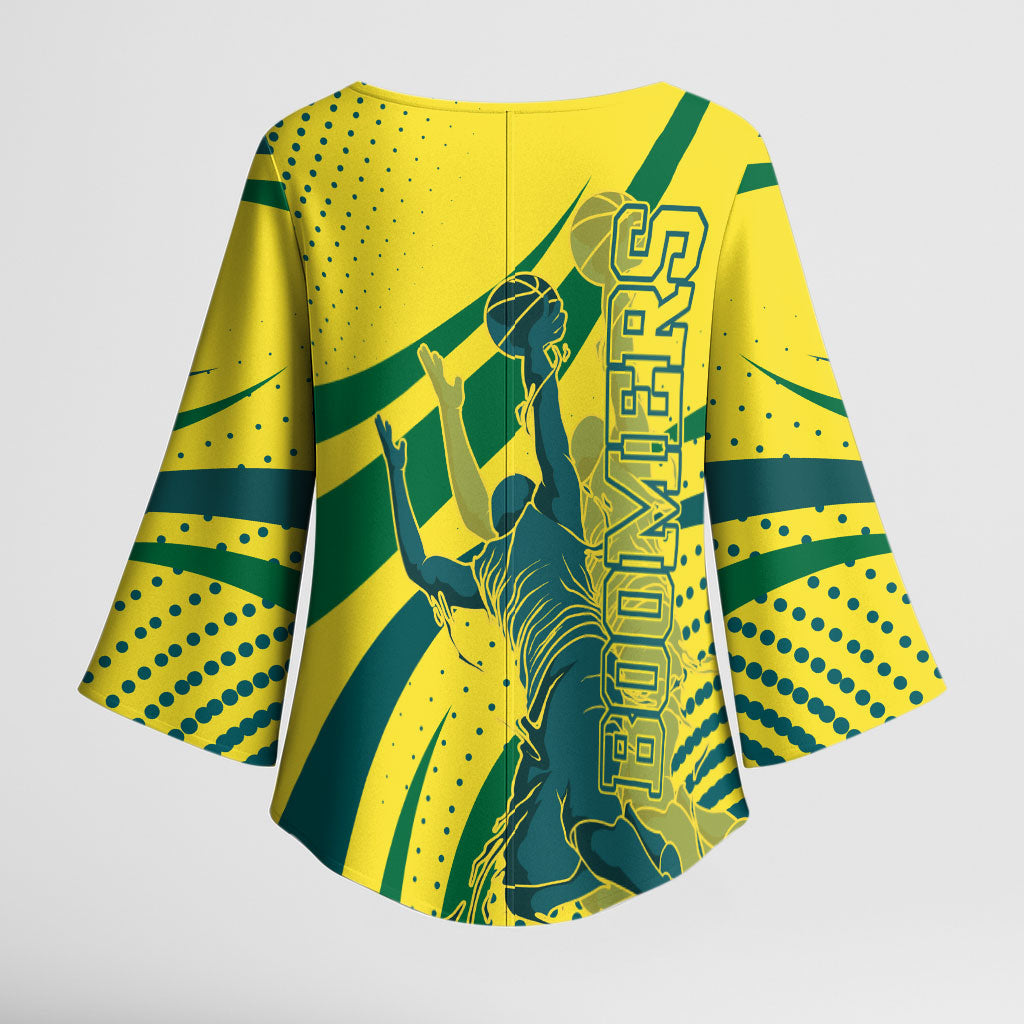 Australian Boomers Basketball Kimono Sleeve Blouse Abstract Wave Halftone Pattern With Dynamic Athlete Silhouette