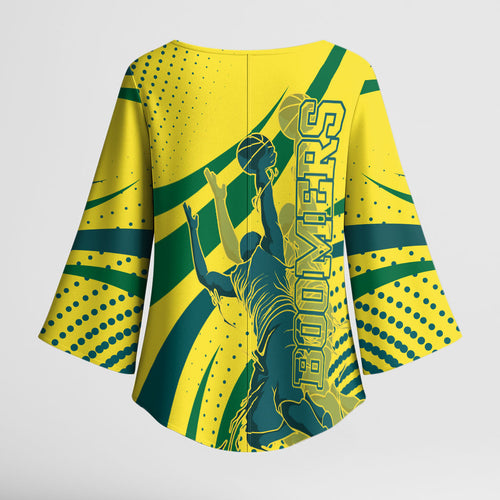 Australian Boomers Basketball Kimono Sleeve Blouse Abstract Wave Halftone Pattern With Dynamic Athlete Silhouette
