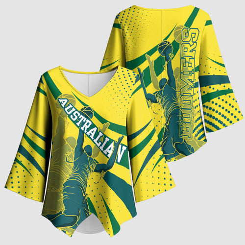Australian Boomers Basketball Kimono Sleeve Blouse Abstract Wave Halftone Pattern With Dynamic Athlete Silhouette