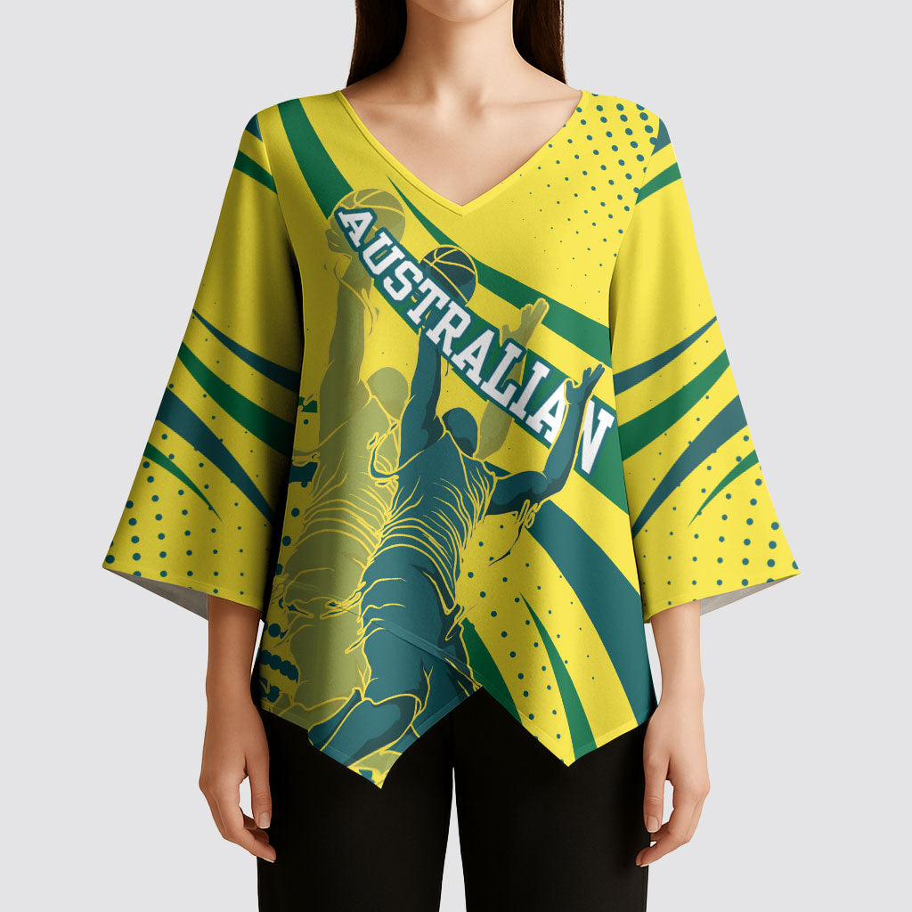 Australian Boomers Basketball Kimono Sleeve Blouse Abstract Wave Halftone Pattern With Dynamic Athlete Silhouette