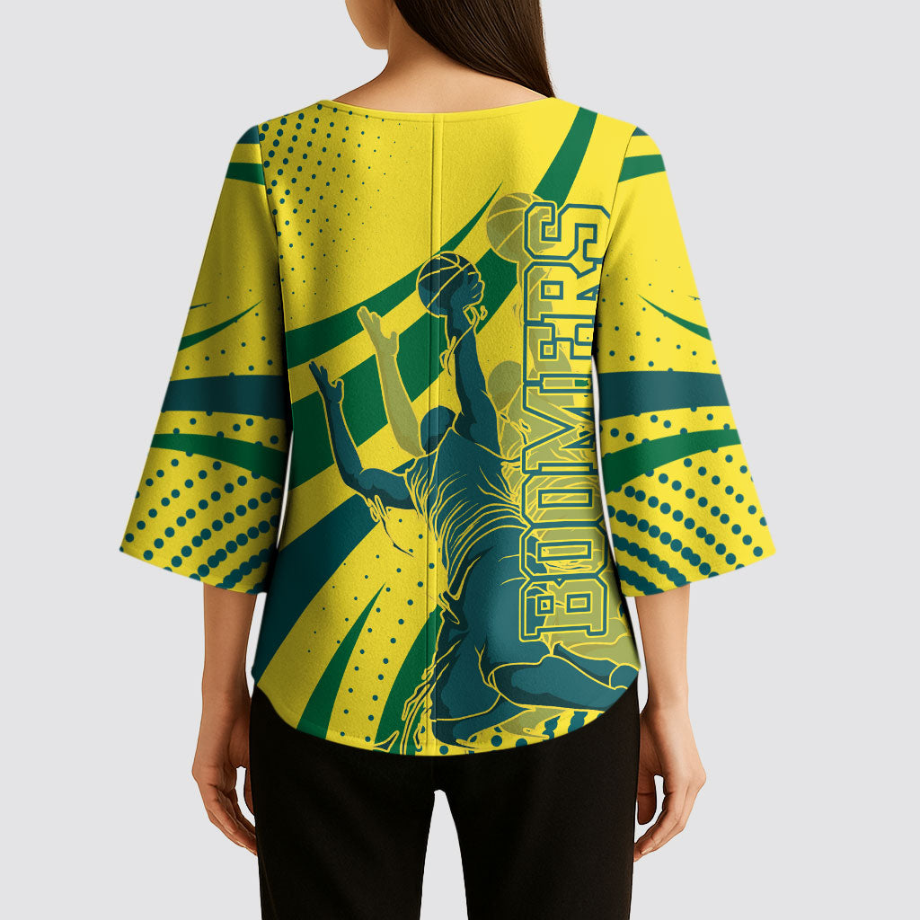 Australian Boomers Basketball Kimono Sleeve Blouse Abstract Wave Halftone Pattern With Dynamic Athlete Silhouette