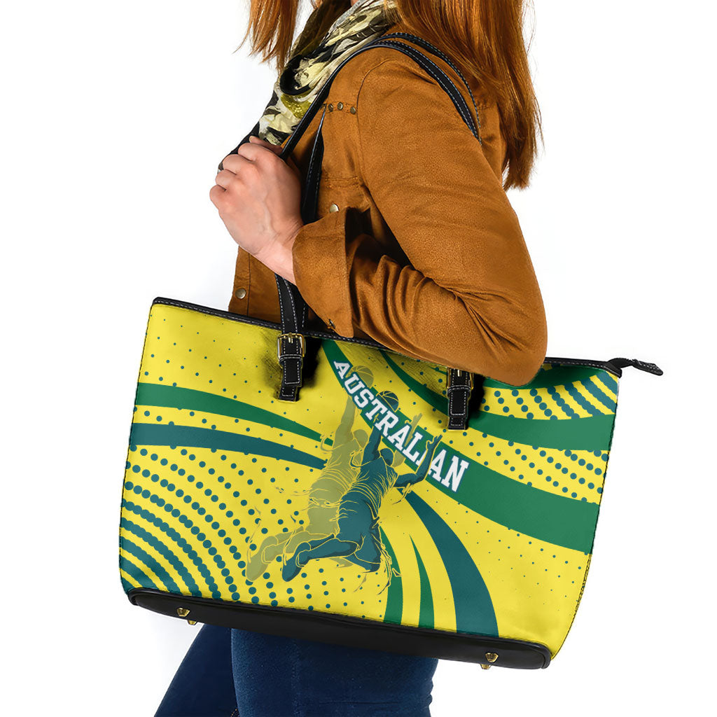 Australian Boomers Basketball Leather Tote Bag Abstract Wave Halftone Pattern With Dynamic Athlete Silhouette