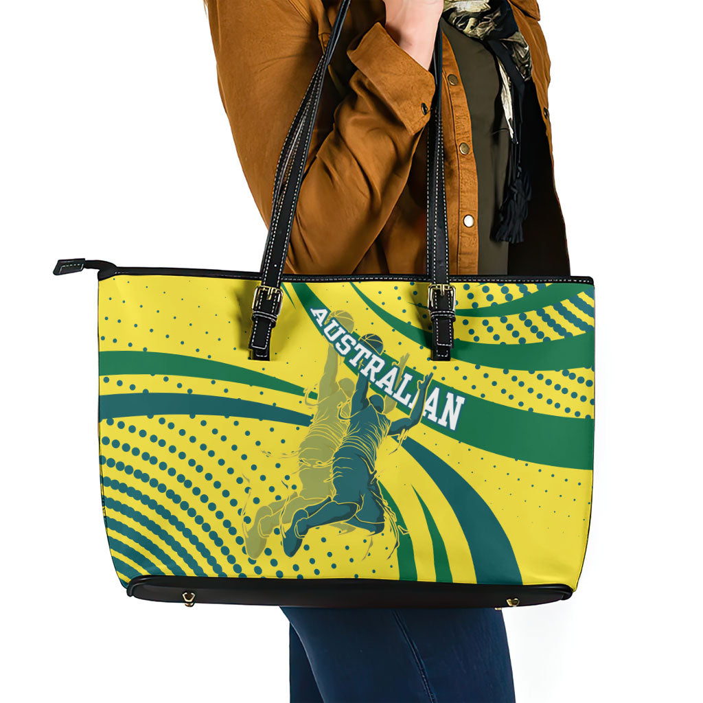 Australian Boomers Basketball Leather Tote Bag Abstract Wave Halftone Pattern With Dynamic Athlete Silhouette