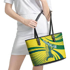 Australian Boomers Basketball Leather Tote Bag Abstract Wave Halftone Pattern With Dynamic Athlete Silhouette