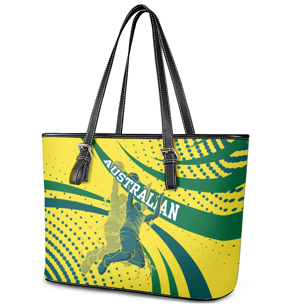 Australian Boomers Basketball Leather Tote Bag Abstract Wave Halftone Pattern With Dynamic Athlete Silhouette