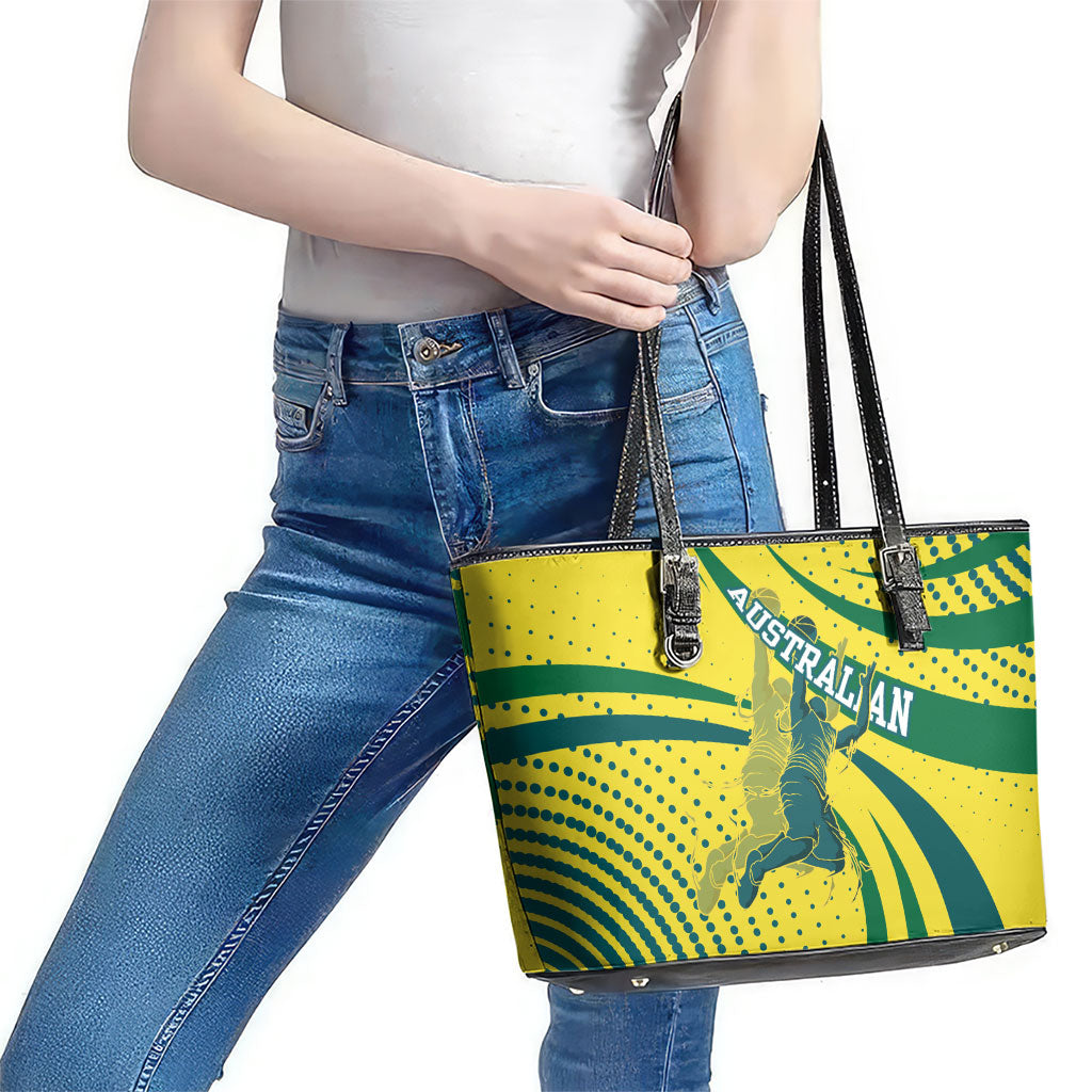 Australian Boomers Basketball Leather Tote Bag Abstract Wave Halftone Pattern With Dynamic Athlete Silhouette
