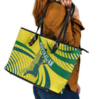 Australian Boomers Basketball Leather Tote Bag Abstract Wave Halftone Pattern With Dynamic Athlete Silhouette