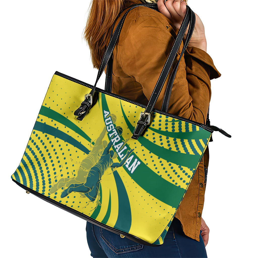 Australian Boomers Basketball Leather Tote Bag Abstract Wave Halftone Pattern With Dynamic Athlete Silhouette