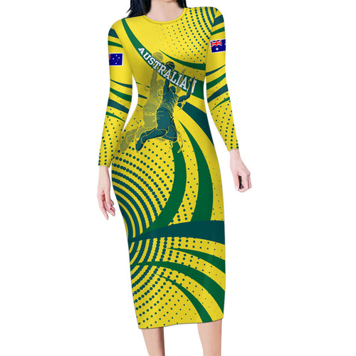 Australian Boomers Basketball Long Sleeve Bodycon Dress Abstract Wave Halftone Pattern With Dynamic Athlete Silhouette