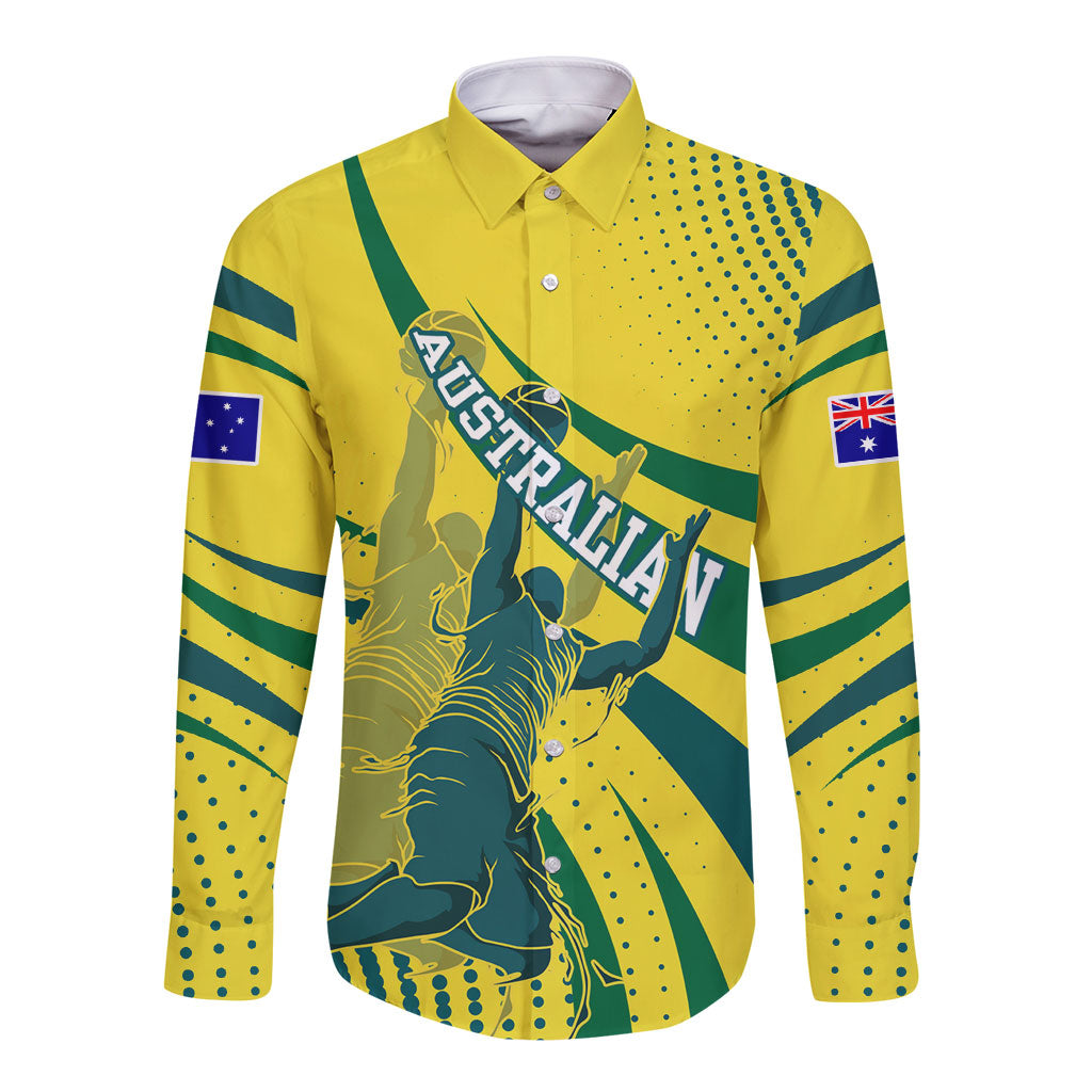 Australian Boomers Basketball Long Sleeve Button Shirt Abstract Wave Halftone Pattern With Dynamic Athlete Silhouette