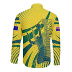 Australian Boomers Basketball Long Sleeve Button Shirt Abstract Wave Halftone Pattern With Dynamic Athlete Silhouette