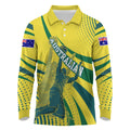 Australian Boomers Basketball Long Sleeve Polo Shirt Abstract Wave Halftone Pattern With Dynamic Athlete Silhouette