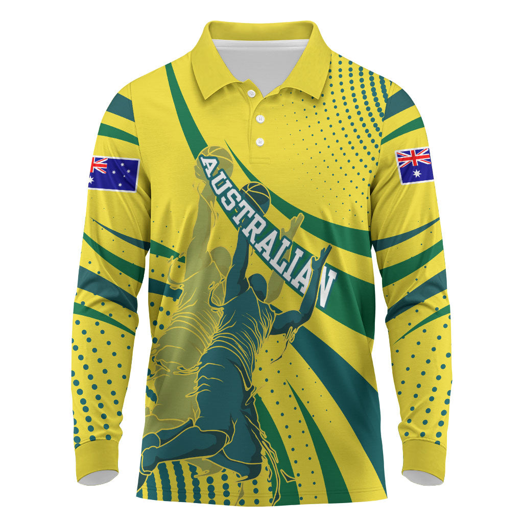Australian Boomers Basketball Long Sleeve Polo Shirt Abstract Wave Halftone Pattern With Dynamic Athlete Silhouette