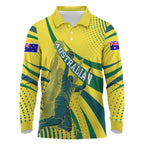 Australian Boomers Basketball Long Sleeve Polo Shirt Abstract Wave Halftone Pattern With Dynamic Athlete Silhouette