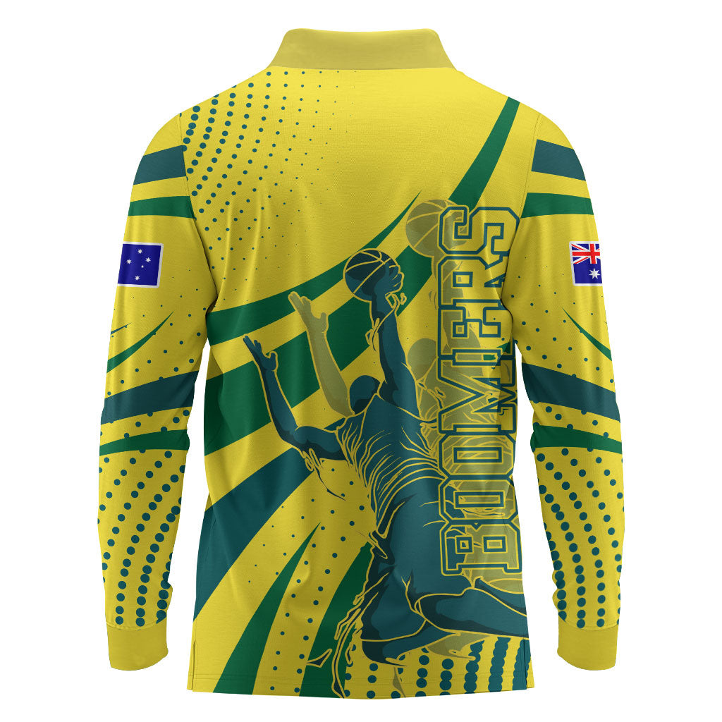 Australian Boomers Basketball Long Sleeve Polo Shirt Abstract Wave Halftone Pattern With Dynamic Athlete Silhouette