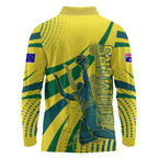 Australian Boomers Basketball Long Sleeve Polo Shirt Abstract Wave Halftone Pattern With Dynamic Athlete Silhouette