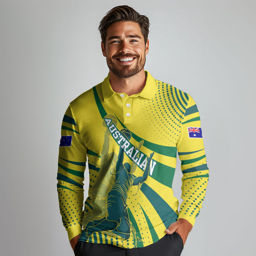 Australian Boomers Basketball Long Sleeve Polo Shirt Abstract Wave Halftone Pattern With Dynamic Athlete Silhouette