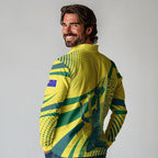 Australian Boomers Basketball Long Sleeve Polo Shirt Abstract Wave Halftone Pattern With Dynamic Athlete Silhouette