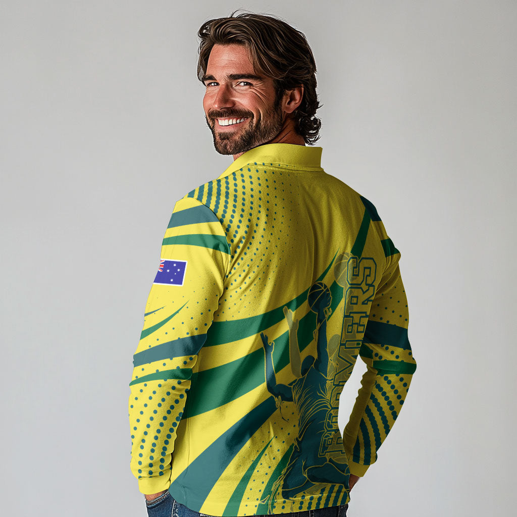 Australian Boomers Basketball Long Sleeve Polo Shirt Abstract Wave Halftone Pattern With Dynamic Athlete Silhouette