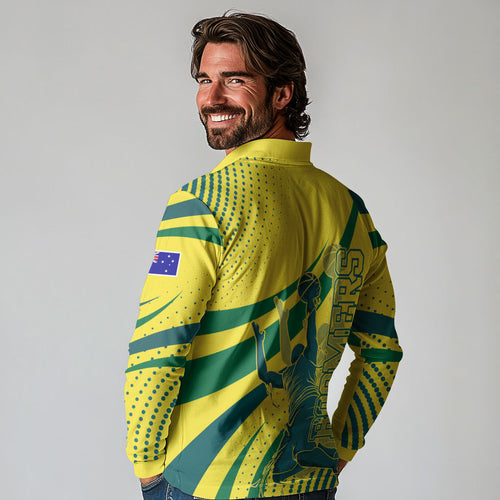 Australian Boomers Basketball Long Sleeve Polo Shirt Abstract Wave Halftone Pattern With Dynamic Athlete Silhouette