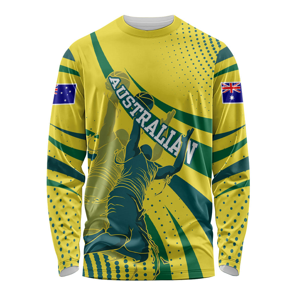 Australian Boomers Basketball Long Sleeve Shirt Abstract Wave Halftone Pattern With Dynamic Athlete Silhouette